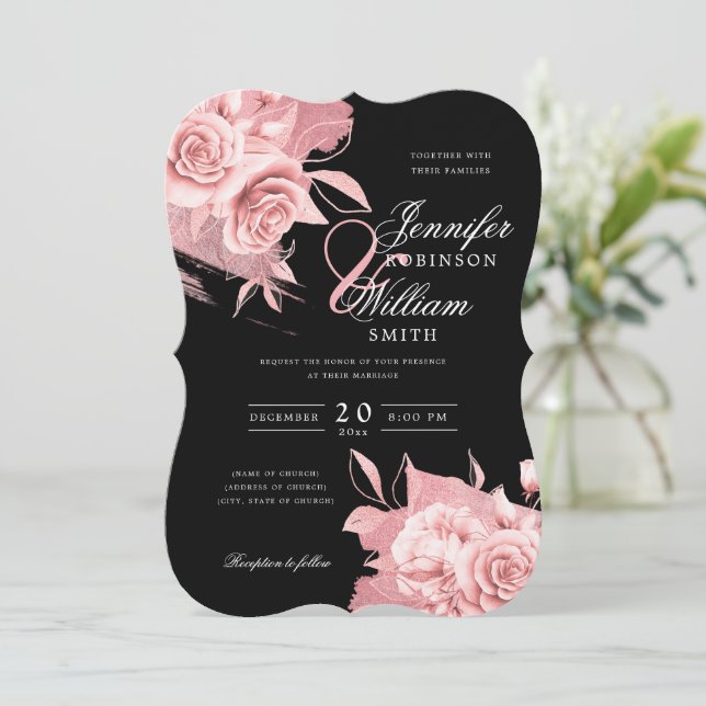 Elegante Hochzeitsstimmung Rose Goldene Flora und  Einladung (Stehend Vorderseite)