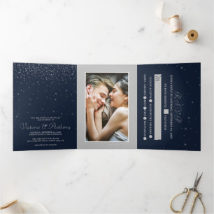 Elegante Hochzeitssuite für Navy & Silver Falling Dreifach Gefaltete Einladung