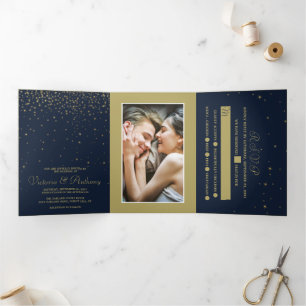 Elegante Hochzeitssuite für Schiffe und Gold Falli Dreifach Gefaltete Einladung