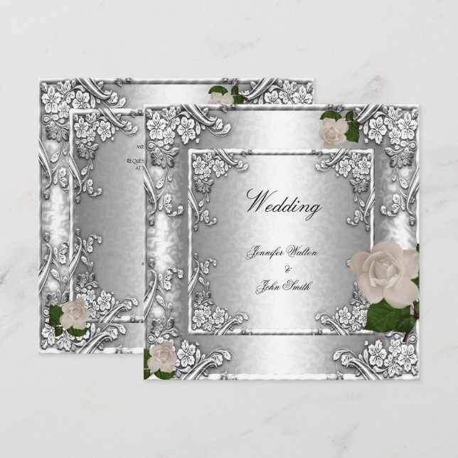 Elegante Hochzeitstil-Rose Silber White 2 Einladung (Vorne/Hinten)