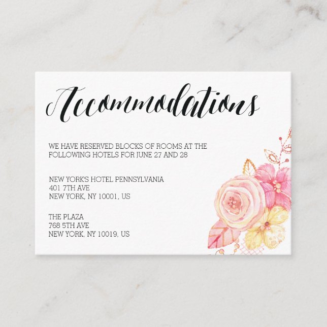 Elegante Hochzeitsunterkünfte Blumenkarten Begleitkarte (Vorderseite)