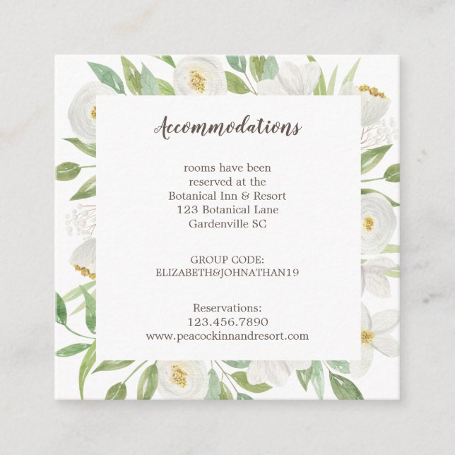 Elegante Hochzeitsunterkünfte in Weiß und Grün Begleitkarte (Vorderseite)