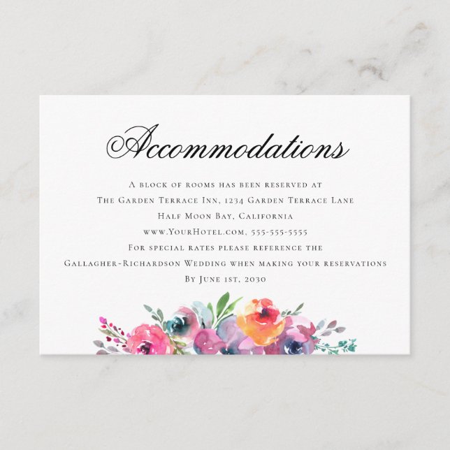 Elegante Hochzeitsunterkünfte mit floralen Waterco Begleitkarte (Vorderseite)