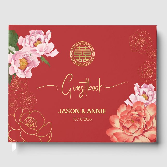 Elegante Hochzeitswillkommen in Red Peony Chinese Gästebuch (Vorderseite)