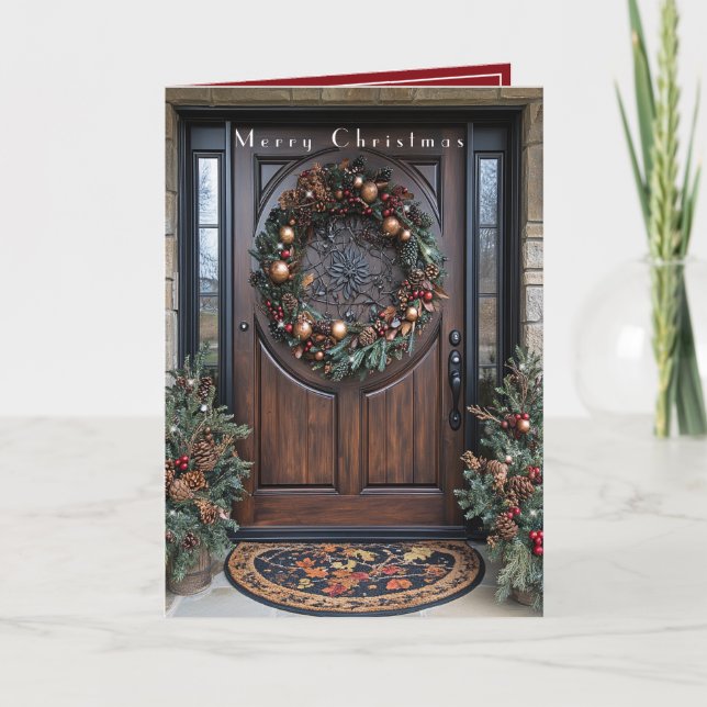Elegante Holiday Door Wreath Pine Trees Gold Karte (Vorderseite)