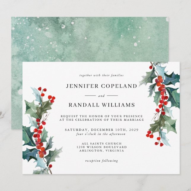 Elegante Holiday Greenerie Watercolor Hochzeit Einladung (Vorne/Hinten)