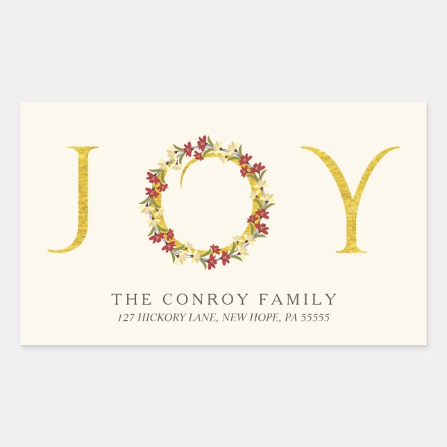 Elegante Holiday Joy Gold Wreath Rücksendeadresse Rechteckiger Aufkleber (Vorderseite)