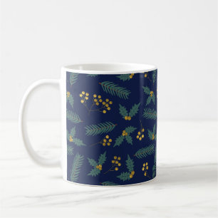 Elegante Holly-Beeren-Weihnachts-Botanik Blau Gold Kaffeetasse