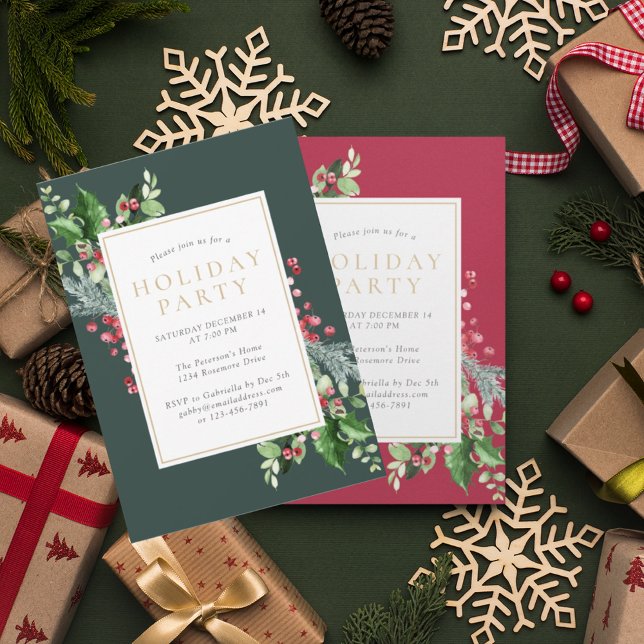 Elegante Holly Berries Green Holiday Party Einladung (Von Creator hochgeladen)