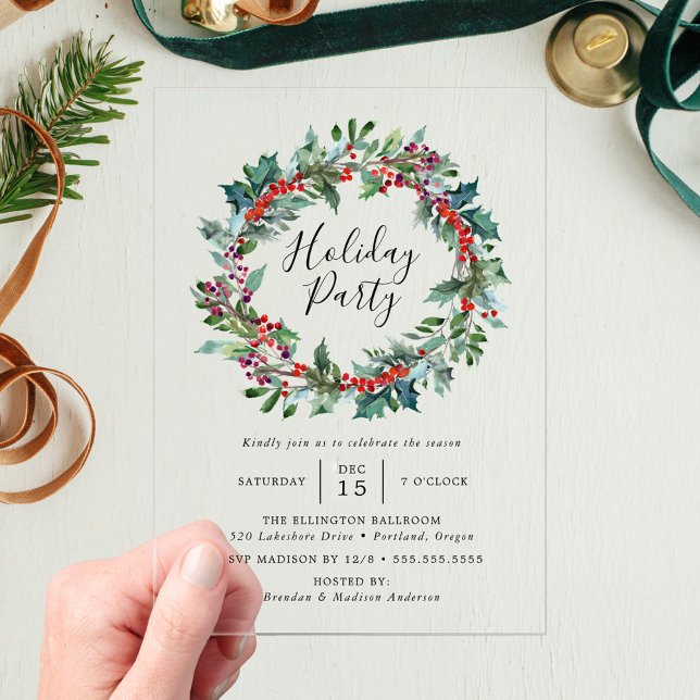 Elegante Holly Berry Wreath Holiday Party Acryleinladungen (Von Creator hochgeladen)
