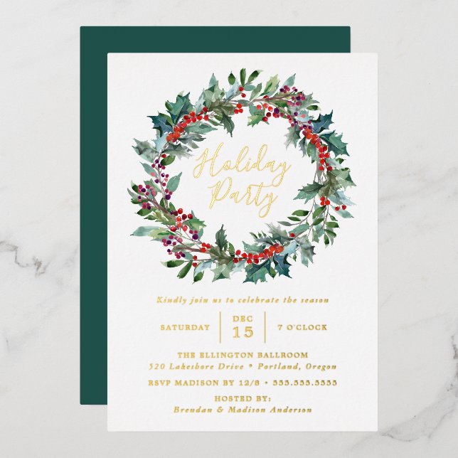 Elegante Holly Berry Wreath Holiday Party Folieneinladung (Vorderseite/Rückseite)