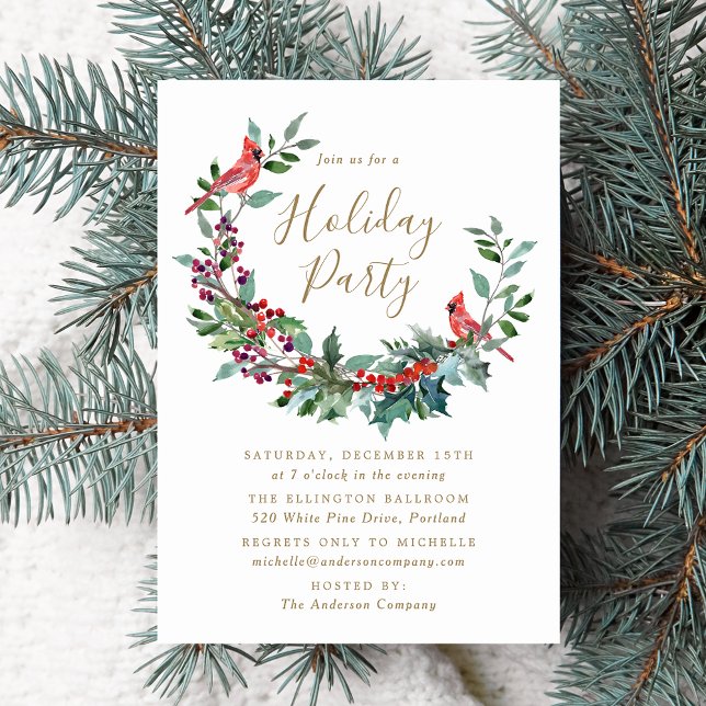 Elegante Holly Berry Wreath Kardinals Holiday Part Einladung (Von Creator hochgeladen)