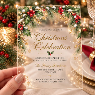Elegante Holly-Pine-Gold-Weihnachtsfeier Acryleinladungen