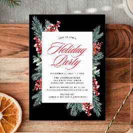 Elegante Holly und Evergreen Black Holiday Party Einladung