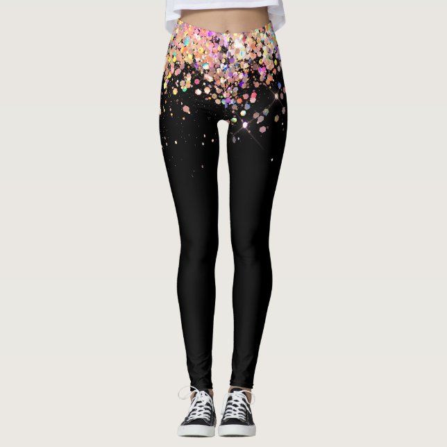 Elegante Holographic Rose Gold Glitzer Black Leggings (Vorderseite)