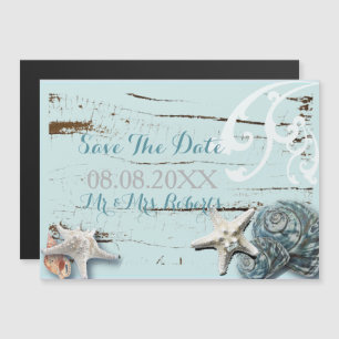 Elegante Holzblaue Muscheln Strandhochzeit Magneteinladung