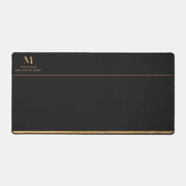 Elegante Holzkohle Black & Gold Add Name & Monogra Schreibtischunterlage (Vorderseite)