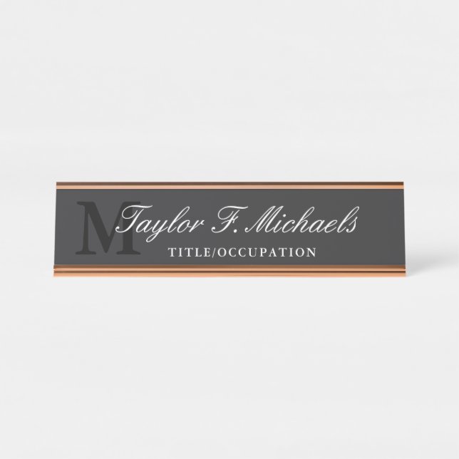 Elegante Holzkohle Weißes Monogramm und Name Schreibtischnamensplakette (Vorderseite )