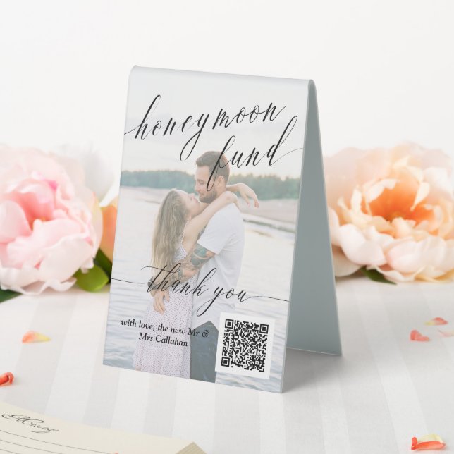 Elegante Honeymoon Fund QR Code Foto Hochzeit Tischaufsteller (In Situ (Hochzeit))