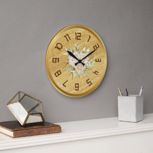 Élégante Horloge Mur Doré Avec Fleurs