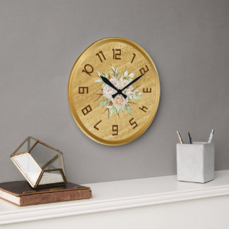 Élégante Horloge Mur Doré Avec Fleurs