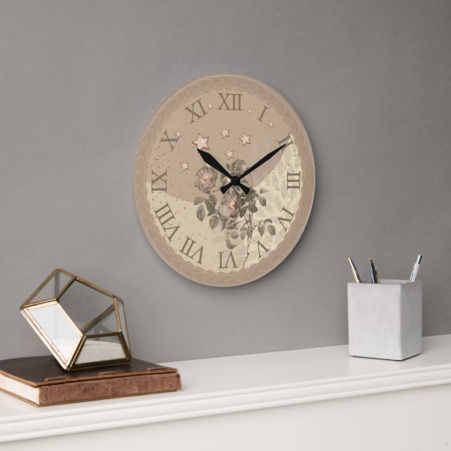 Elégante horloge murale beige avec touche florale (Bureau)