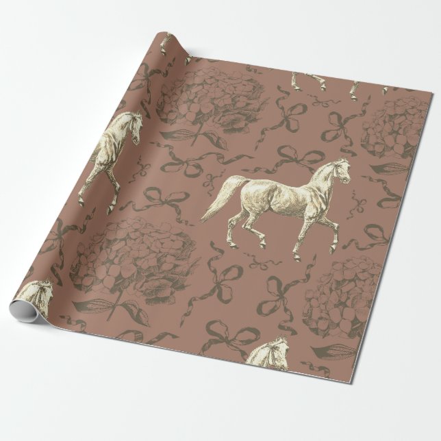 Elegante Horse Hydrangea Bows Beige Brown Toile Geschenkpapier (Ungerollt)