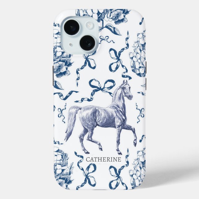 Elegante Horse Hydrangea Bows Dusty Blue Name Case-Mate iPhone Hülle (Rückseite)