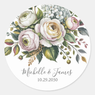 Elegante Hortensien-Rosen-Blumen-Hochzeit Runder Aufkleber