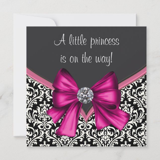 Elegante Hot Pink Black Damask Princess Baby Dusch Einladung (Vorderseite)