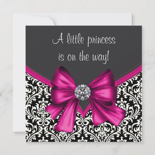 Elegante Hot Pink Black Damask Princess Baby Dusch Einladung (Vorderseite)