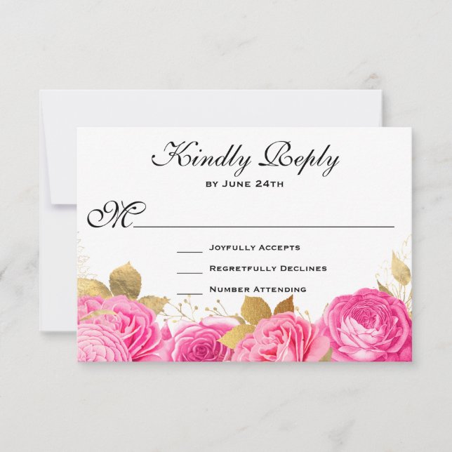 Elegante Hot Pink Floral Rose RSVP Karte (Vorderseite)
