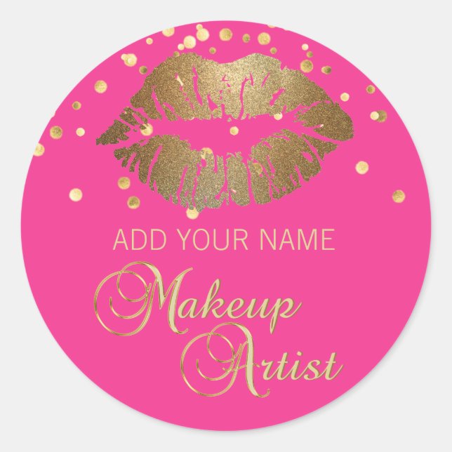 Elegante Hot Pink Gold Lips Runder Aufkleber (Vorderseite)