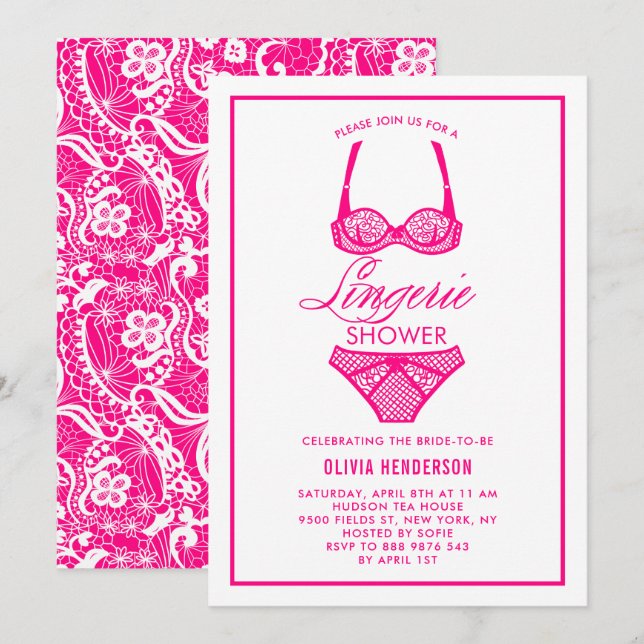 Elegante Hot Pink Lace Lingerie Dusche Einladung (Vorne/Hinten)