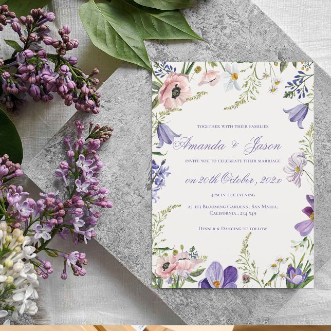 Elegante Hübsch Peach Lila Blue Floral Wedding Einladung (Elegant Pretty Peach Purple Blue Floral Wedding Invitation)