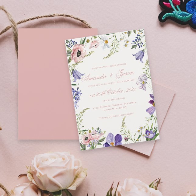 Elegante Hübsch Peach Lila Blue Floral Wedding Einladung (Elegant Pretty Peach Purple Blue Floral Wedding Invitation)