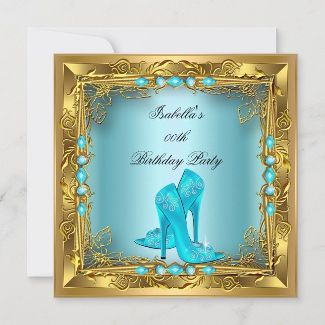 Elegante Hübsche Aquamarin High Heels Gold Geburts Einladung (Vorderseite)