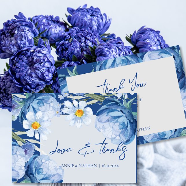 Elegante Hübsche Blumen Trendy Floral Wedding Dankeskarte (Elegant Pretty Blue Flowers Trendy Floral Wedding Thank You Card)