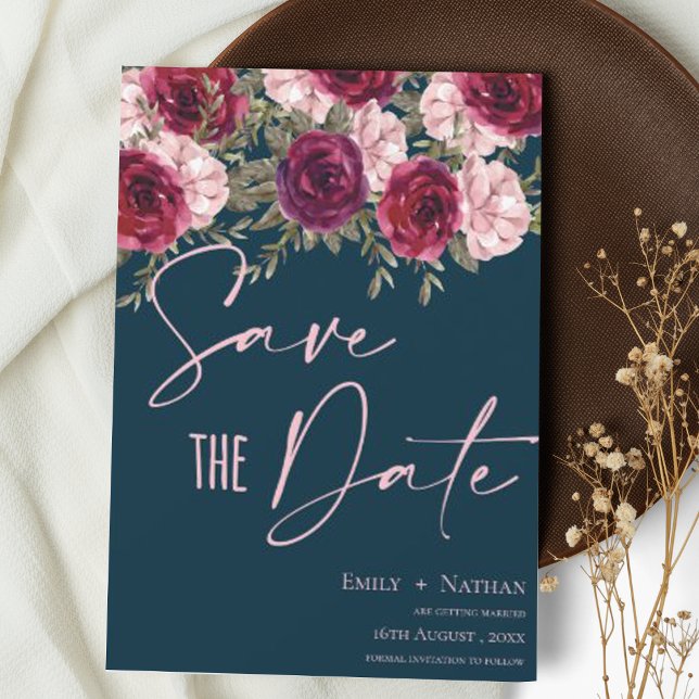 Elegante Hübsche Burgundy Peach Blue Floral Weddin Save The Date (Von Creator hochgeladen)