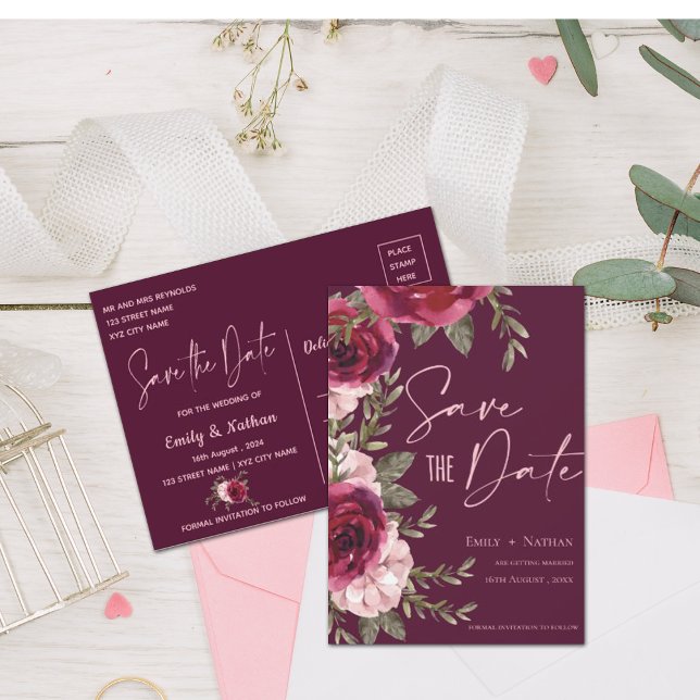 Elegante Hübsche Burgundy Peach Floral Wedding Ankündigungspostkarte (Von Creator hochgeladen)