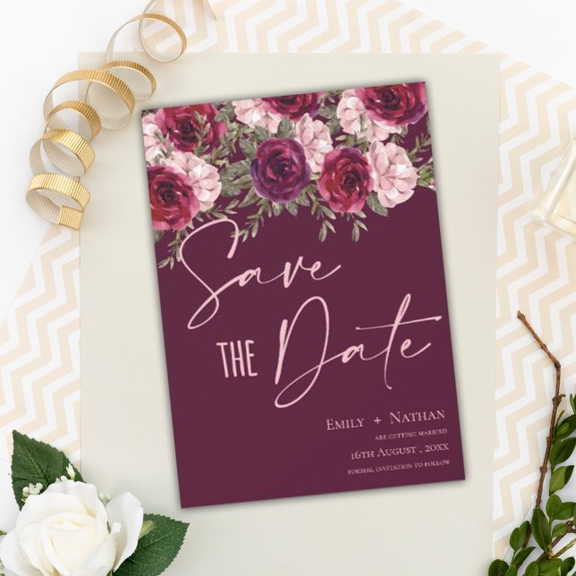 Elegante Hübsche Burgundy Peach Floral Wedding Save The Date (Von Creator hochgeladen)