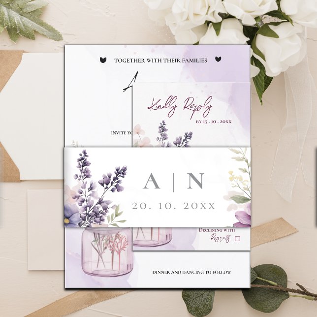 Elegante Hübsche Monogram Lila Blumenhochzeit Einladungsbanderole (Elegant Pretty Monogram Purple Floral Wedding Invitation Belly Band)