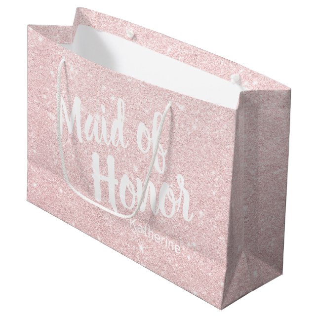 Elegante hübsche RosengoldGlitter-Trauzeugin Große Geschenktüte (Vorderseite Schrägansicht)