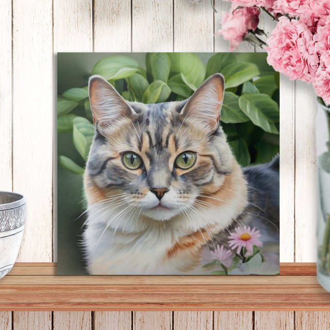Elegante Hübsche Tortoiseshell Katze im Garten Fliese (A decorative ceramic wall tile with picture of a dilute tortoiseshell cat in a garden with flowers)