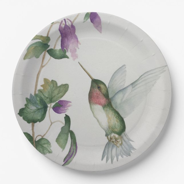 Elegante Hummingbird Aquarellcreme Pink Blume Pappteller (Vorderseite)