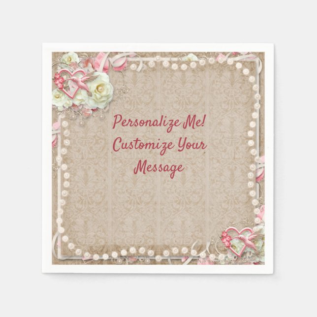 Elegante Hummingbird Romantische Weiße Rosen Perle Serviette (Vorderseite)