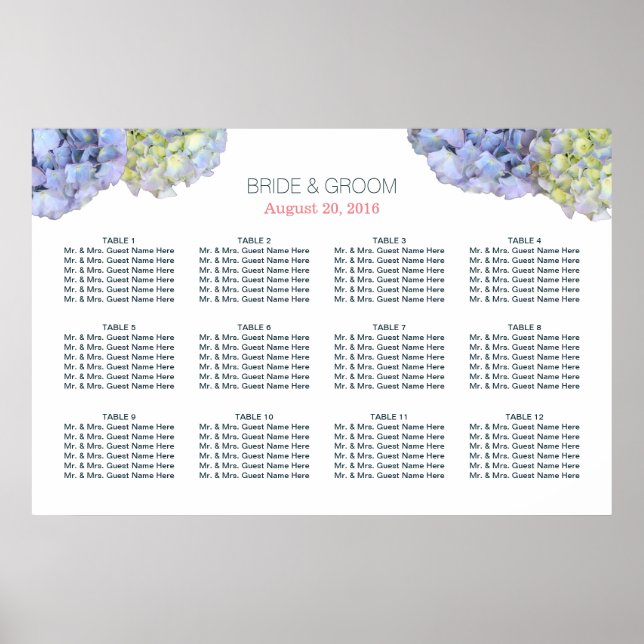 Elegante Hydrangea-Blume Hochzeitsdiagramm Poster (Vorne)