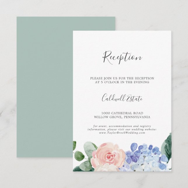 Elegante Hydrangea Hochzeitsempfangskarte Begleitkarte (Vorne/Hinten)