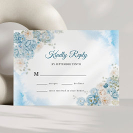 Elegante Ice Blue Ivory Rose Blume Hochzeit RSVP Karte