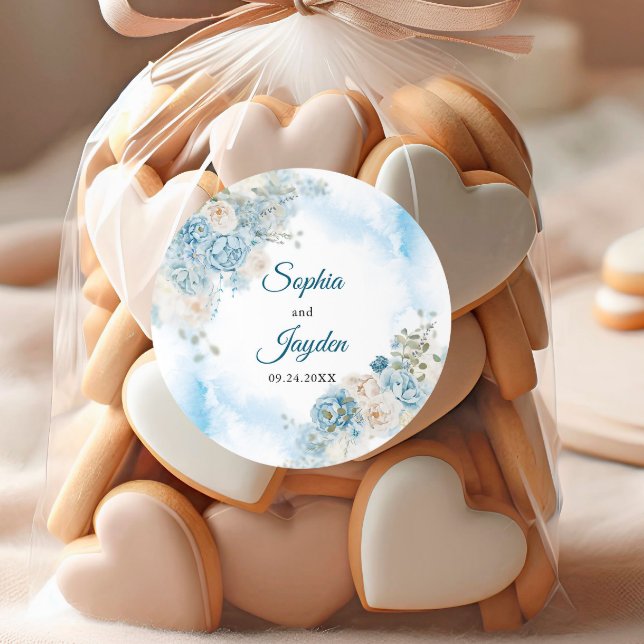 Elegante Ice Blue Ivory Rose Blume Hochzeit Runder Aufkleber (Von Creator hochgeladen)